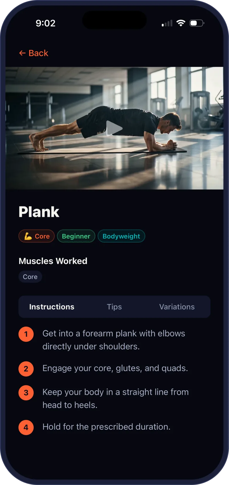 The plank exercise page in Fit Forged, with a video demo, difficulty and equipment tags, muscles worked, and numbered instructions